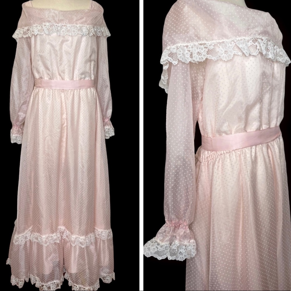 80s Vintage Homemade Pretty in Pink Princess Dress, Swiss Dots & Lace Volup